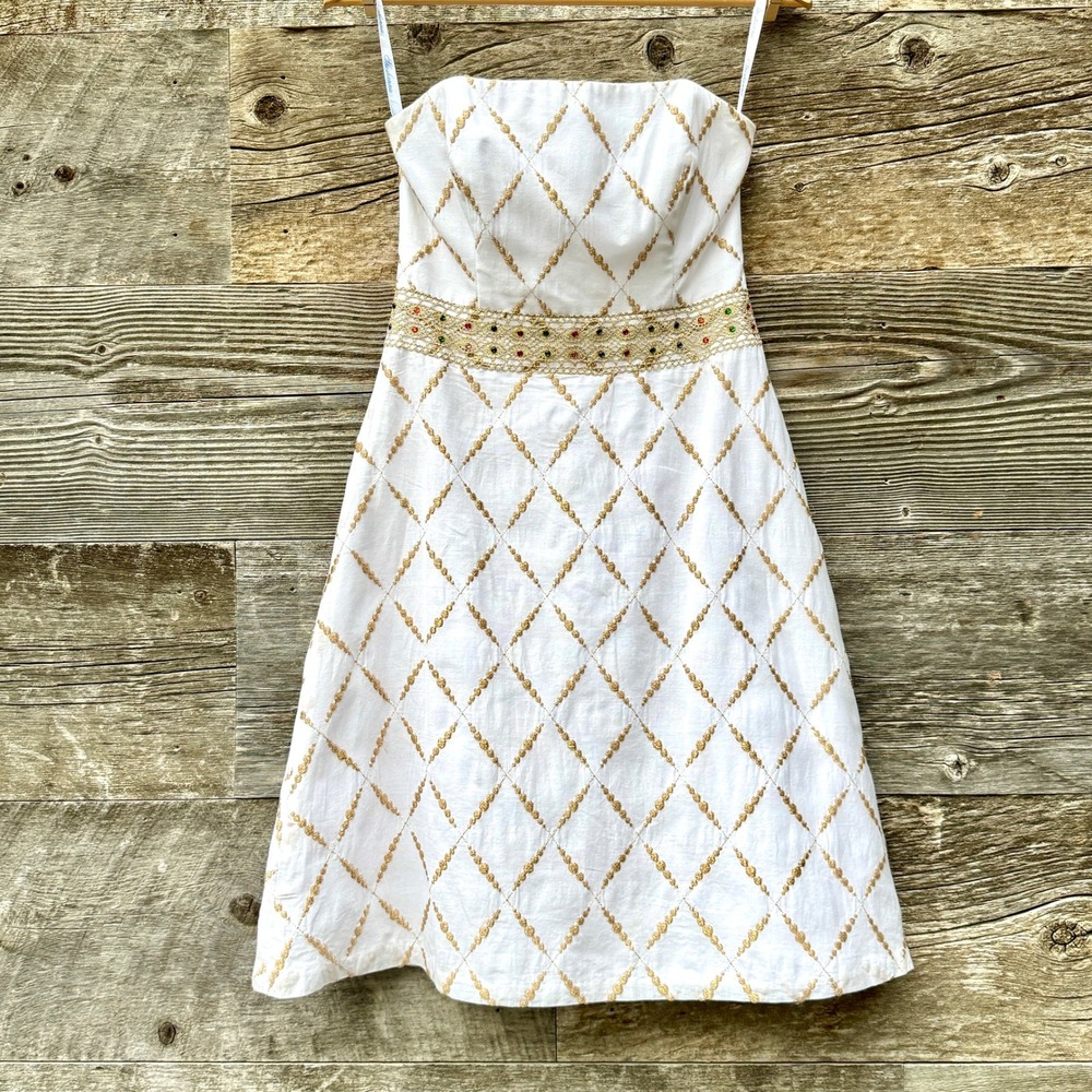 Shoshanna Diamond Embroidered Jeweled Strapless Dress 2 White Gold Regency Bride